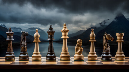 Chess pieces on a board with the city in the background,,
Checkmate A decisive business strategy ends the chess game with a kings defeat Vertical Mobile Wallpaper
