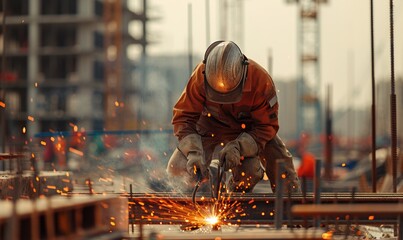 Construction worker is welding iron structure on construction site, wearing orange and yellow reflect working suit with safety helmet.