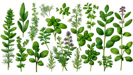 Botanical illustration of medicinal aromatic garden herbs on white background. Mint,oregano,coriander,
rosemary,basil,parsley dill and thyme. Generative AI.  - obrazy, fototapety, plakaty