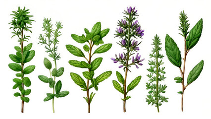 Obraz premium Botanical illustration of medicinal aromatic garden herbs on white background. Mint,oregano,coriander, rosemary,basil,parsley dill and thyme. Generative AI. 