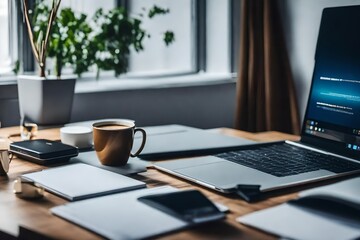 A stylish workspace with a cup of coffee, a sleek laptop, and minimalistic decor on a clean desk, epitomizing a modern and organized work environment