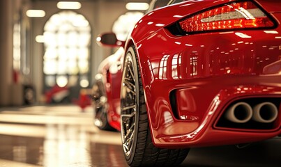 Capturing the sleek design and advanced technology of a luxury concept car, this close up highlights the details of a parked vehicle's alloy wheel and synthetic rubber tire at an indoor auto show.