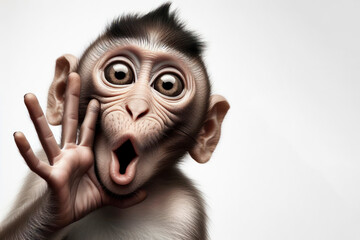 portrait monkey with surprised face and bulging big eyes showing love making kiss with hand. ai generative