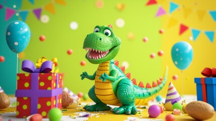 Toy Dinosaur Sitting in Front of Birthday Cake