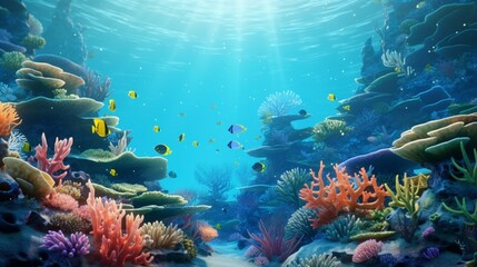Naklejka na ściany i meble A 3D rendered ocean with 2D animated sea creatures swimming amidst coral reefs