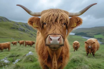 Photo sur Plexiglas Highlander écossais A peaceful herd of highland cows grazes in a vast green pasture, their majestic horns silhouetted against the clear blue sky as they stand tall among the mountain landscape