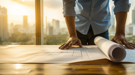 The hands of an architect rolling out blueprints on a vintage wooden table, with a modern city in soft focus behind, architect, dynamic and dramatic compositions, with copy space