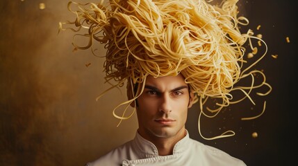 Creative Portrait of a Young Man With Flying Spaghetti as Hair - obrazy, fototapety, plakaty
