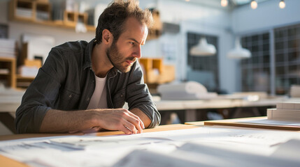 A focused architect examining architectural samples, with material boards and design elements around, architect, dynamic and dramatic compositions, with copy space