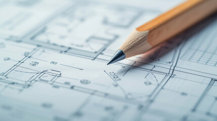 A detailed shot of an architect's pencil hovering over a critical point on a blueprint, architect, dynamic and dramatic compositions, with copy space