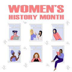 Women's History Month 2024 concept. An illustration of a diverse group of women. People in windows having their everyday routine.