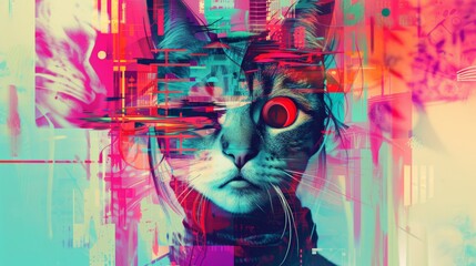 Vibrant Digital Artwork of a Stylized Feline With Abstract Elements and Explosive Colors