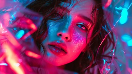 Woman With Blue and Pink Lights Illuminating Her Face