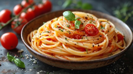 Spaghetti with tomato sauce well decorated food photo