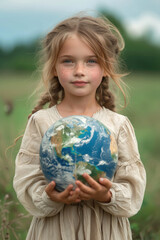 Fototapeta premium A child girl holding the planet earth. Save nature Earth day concept