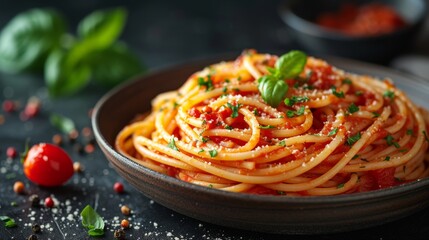 Fototapeta premium Spaghetti with tomato sauce well decorated food photo