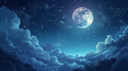 Naklejka na ściany i meble Full Moon and Clouds in the Night Sky