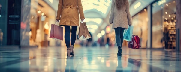 Two stylish women confidently strut down the street, their arms laden with shopping bags filled with trendy clothing and footwear. - obrazy, fototapety, plakaty