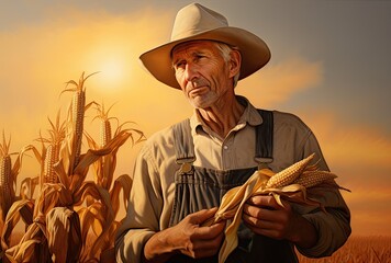 Fototapeta premium A close-up of the farmer's hand proudly grasping a harvested ear of corn amidst the vast field.
