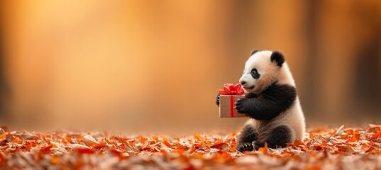 Cute panda cub with heart shaped gift on magical blurred background, valentine s day concept