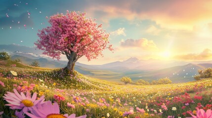 A Painting of a Tree in a Field of Flowers