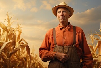 Fototapeta premium A close-up of the farmer's hand proudly grasping a harvested ear of corn amidst the vast field.