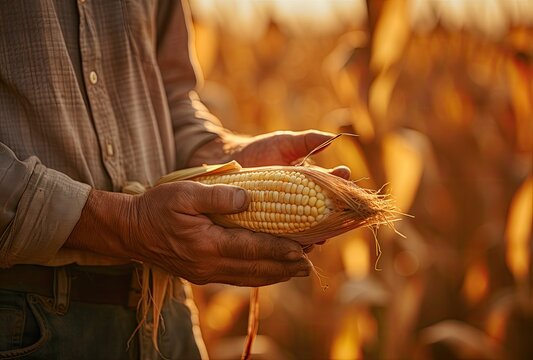 A close-up of the farmer's hand proudly grasping a harvested ear of corn amidst the vast field.