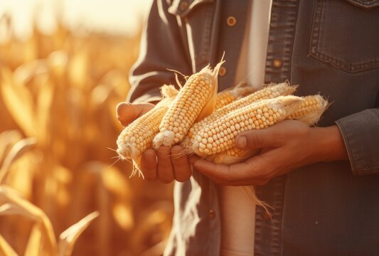In the field of golden crops, the farmer's hand carefully cradles a freshly harvested ear of corn, embodying the fruits of labor.