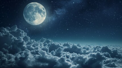 Naklejka na ściany i meble Full Moon Shining Above the Clouds at Night