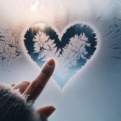 A heart drawn on a frosted window. The window is covered in a thin layer of creating a frosty texture. The heart is clearly drawn by a finger. Concept of missing your loved one. Valentine's Day.