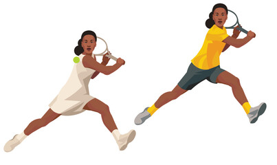 Fototapeta na wymiar Two girl figures of a dark-skinned women's tennis player who strikes with a racket holding it with two hands