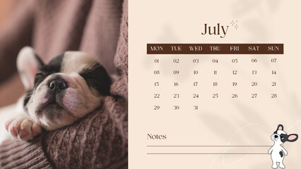 Puppy Calendar 2024  - July Month 2024