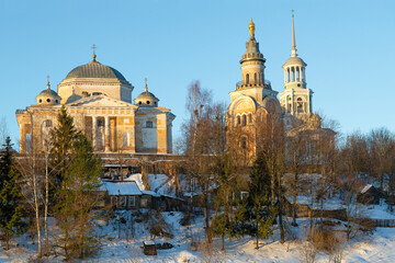 View of the ancient cathedral of Boris and Gleb and the bell tower of the Borisoglebsky monastery...