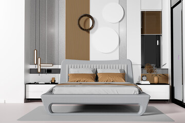 Beige bedroom interior with bed and frame mockup . 3d rendering