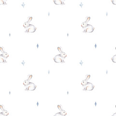 Cute baby rabbit animal seamless pattern, forest illustration for children clothing. Woodland watercolor Hand drawn boho image for cases design, nursery poster - 723211716