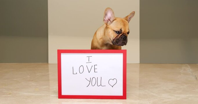 Sweet young French Bulldog puppy sits with signboard that reads "I love you". Puppy raises its head, gazing at us with dewy eyes, then shyly looks aside, almost turning away