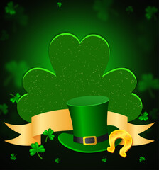 Vector illustration Happy St Patricks day background with green clovers, golden ribbon, horseshoe and Leprechaun Top Hat