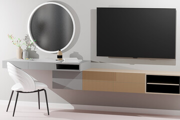 Interior of light makeup room with table, mirror and organizers, 3d render