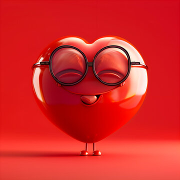 This 3D illustration features an endearing heart-shaped character with oversized round glasses, set against a monochromatic red background, radiating joy and charisma