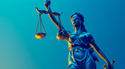 An imposing statue of Lady Justice, cast in a striking blue tone, holds the balanced scales of justice aloft against a calm gradient blue background - obrazy, fototapety, plakaty