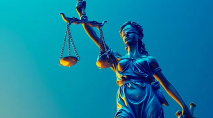 Fotobehang An imposing statue of Lady Justice, cast in a striking blue tone, holds the balanced scales of justice aloft against a calm gradient blue background © Bruno Mazzetti