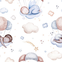 Watercolor newborn baby boy seamless pattern babies boy. Birthday blue background teepee new born baby and pregrand women - 723212739