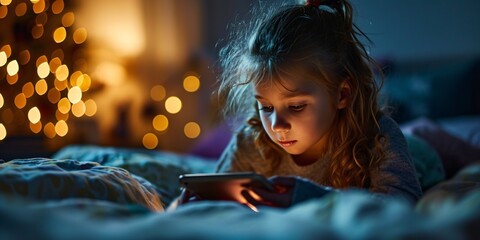 A child on their phone in bed at night, indulging in screen activities. Screen dependency in children. Nighttime in child's bedroom. - obrazy, fototapety, plakaty
