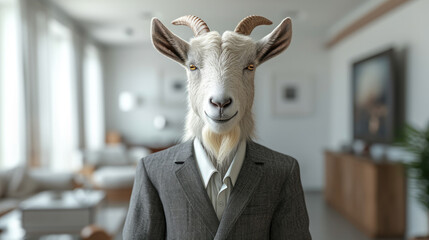 Goat in a business suit in the office. - obrazy, fototapety, plakaty