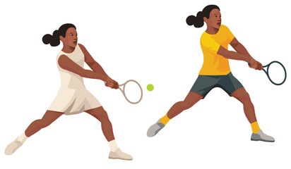 Two female figures of Nigerian women's tennis player in a white dress and yellow sports uniform who hits the ball with a racket