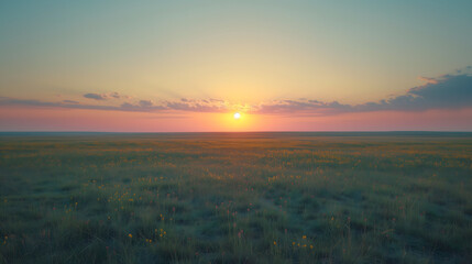 Soft sunset over a blooming wildflower prairie