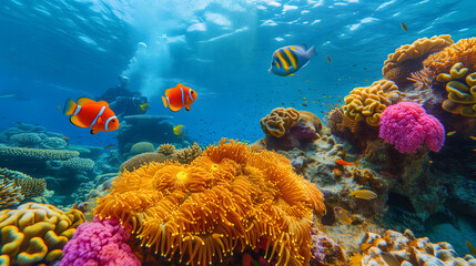 Fototapeta na wymiar Diverse coral reef with fish and diver bubbles