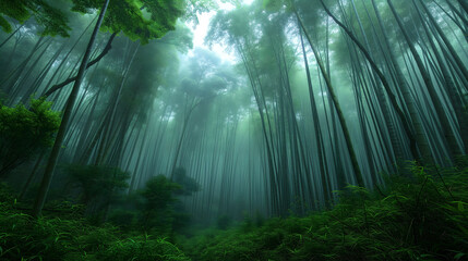 Ethereal mist shrouds a lush bamboo grove