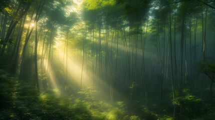Mystical sunlight piercing through a bamboo forest