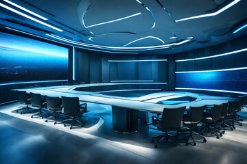 Futuristic Conference Room: A modern conference room equipped with the latest technology for business presentations and video conferencing